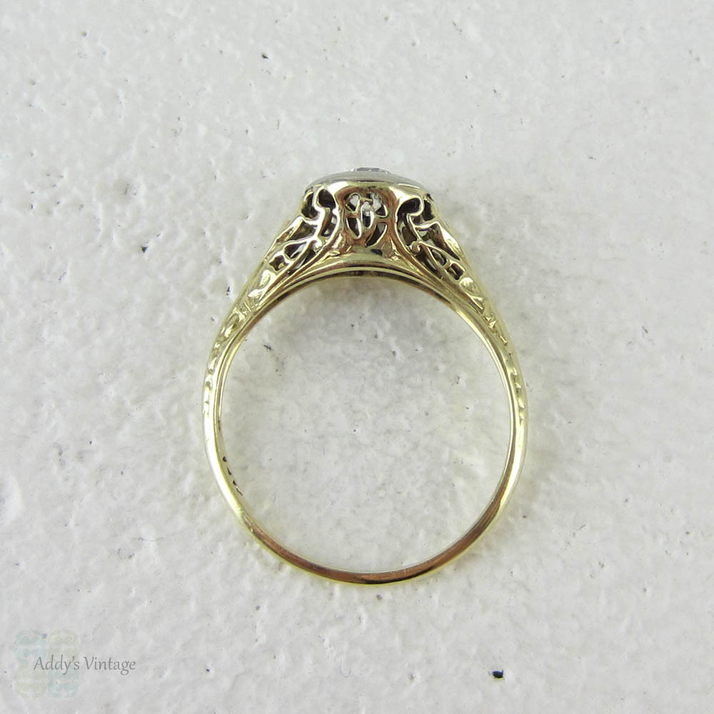 Old European Cut Engagement Ring, Solitaire with Antique Diamond set in Yellow Gold Filigree Pierced Setting.