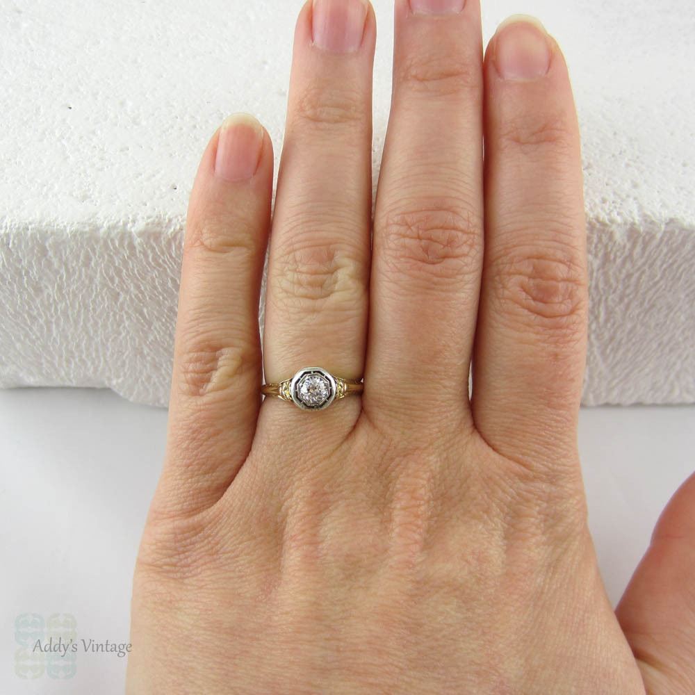 Old European Cut Engagement Ring, Solitaire with Antique Diamond set in Yellow Gold Filigree Pierced Setting.