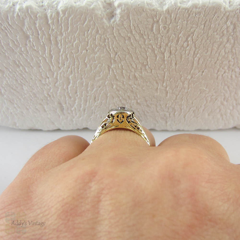 Old European Cut Engagement Ring, Solitaire with Antique Diamond set in Yellow Gold Filigree Pierced Setting.