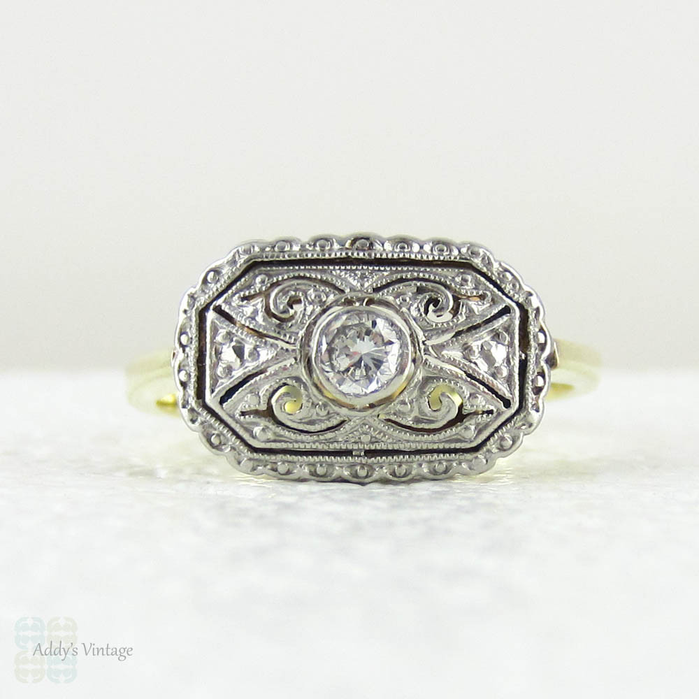 Art Deco Diamond Engagement Ring, Rectangle Shaped Ring with Intricate Pierced and Engraved Design, German Art Deco, Circa 1930s.