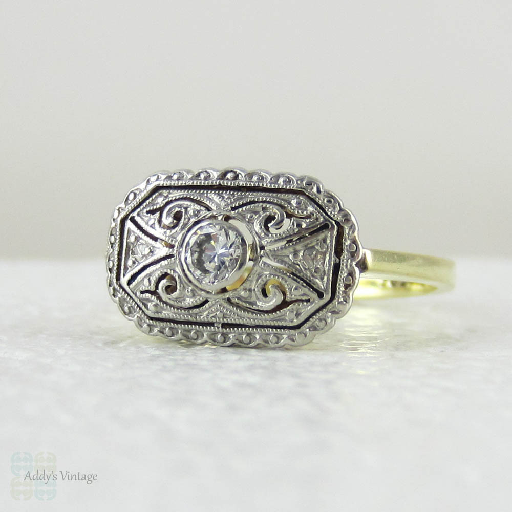 Art Deco Diamond Engagement Ring, Rectangle Shaped Ring with Intricate Pierced and Engraved Design, German Art Deco, Circa 1930s.