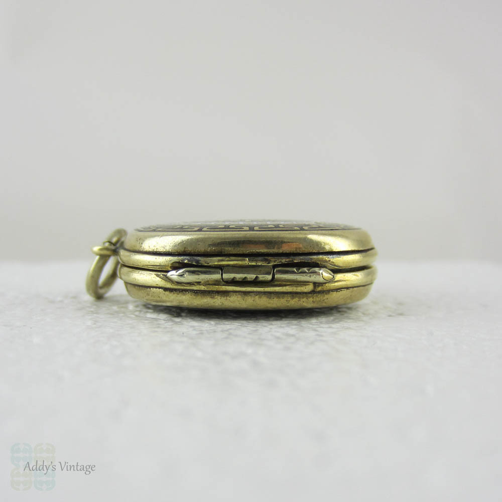 Vintage Locket with Geometric Enamel Design in Black & White. Brass Coloured Double Frame Keepsake Locket Pendant with Floral, Greek Key Pattern.