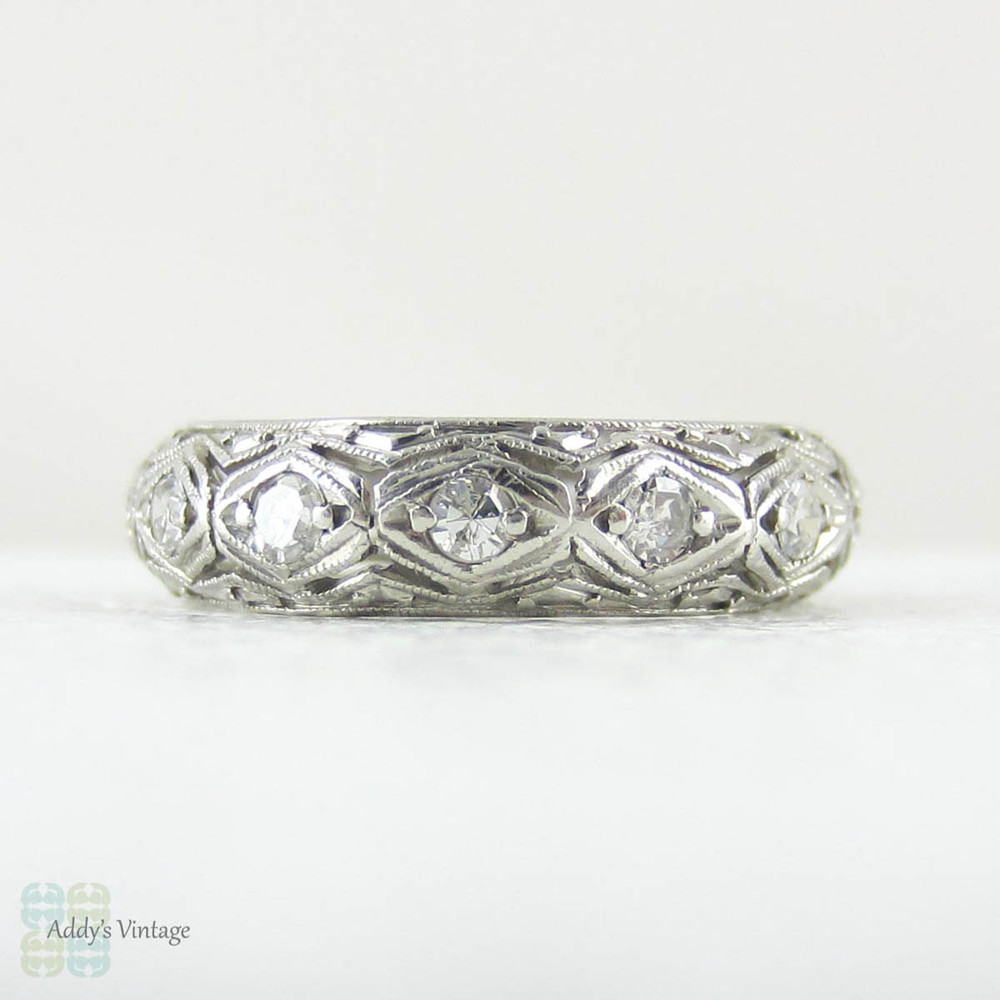 Art Deco Filigree Platinum Diamond Wedding Ring. Incredible Ornate Pierced Filigree Engraved Full Hoop Diamond Eternity Band.