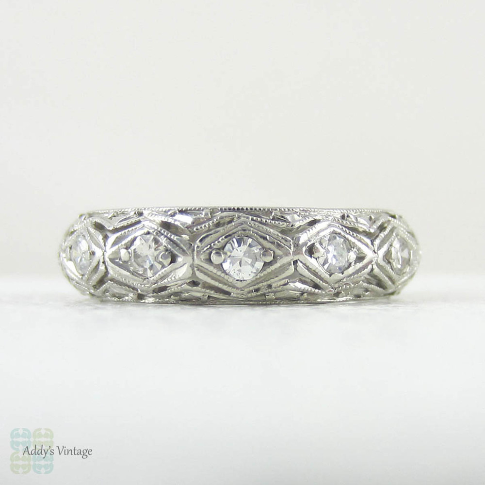 Art Deco Filigree Platinum Diamond Wedding Ring. Incredible Ornate Pierced Filigree Engraved Full Hoop Diamond Eternity Band.