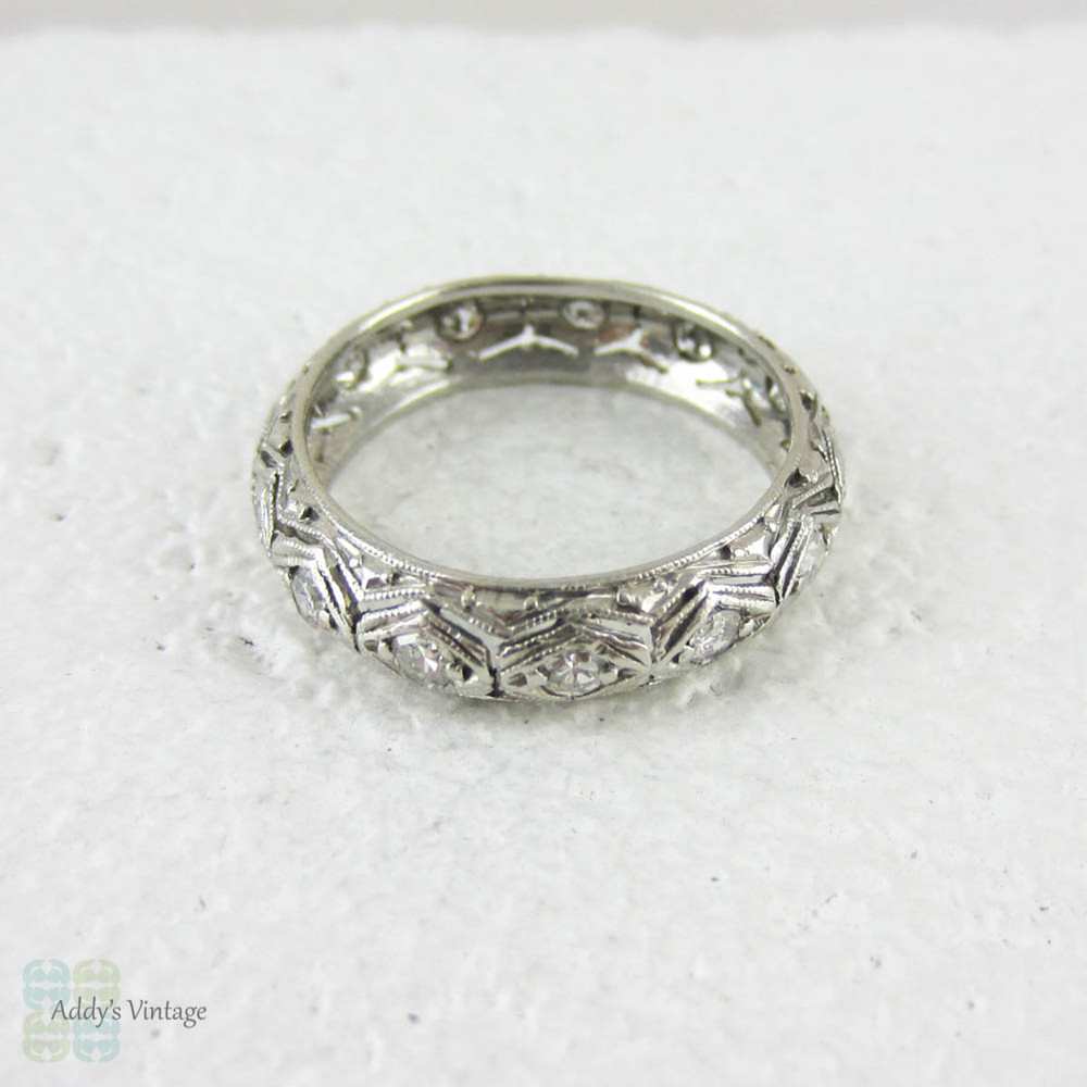 Art Deco Filigree Platinum Diamond Wedding Ring. Incredible Ornate Pierced Filigree Engraved Full Hoop Diamond Eternity Band.