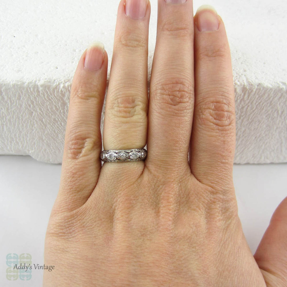 Art Deco Filigree Platinum Diamond Wedding Ring. Incredible Ornate Pierced Filigree Engraved Full Hoop Diamond Eternity Band.