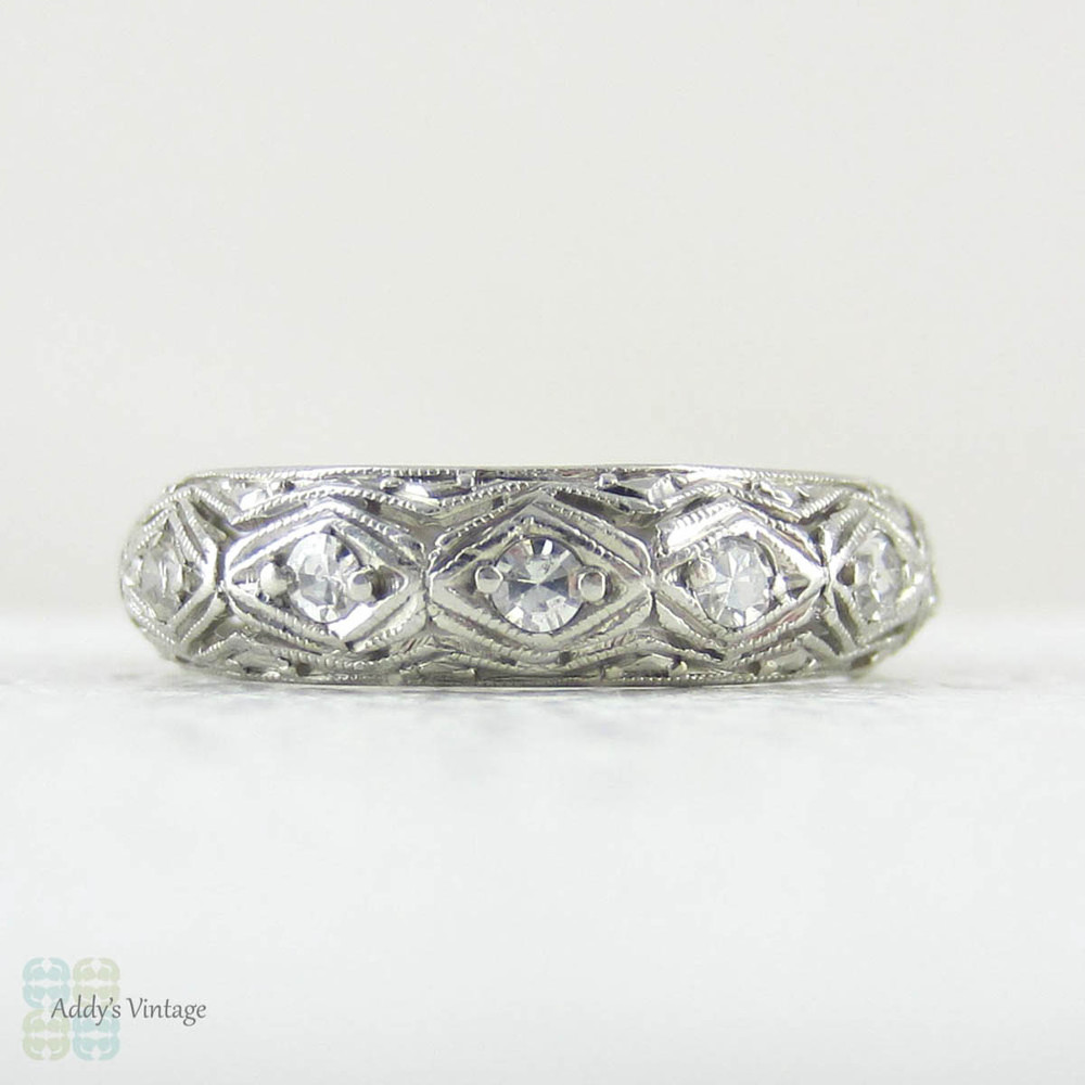 Art Deco Filigree Platinum Diamond Wedding Ring. Incredible Ornate Pierced Filigree Engraved Full Hoop Diamond Eternity Band.