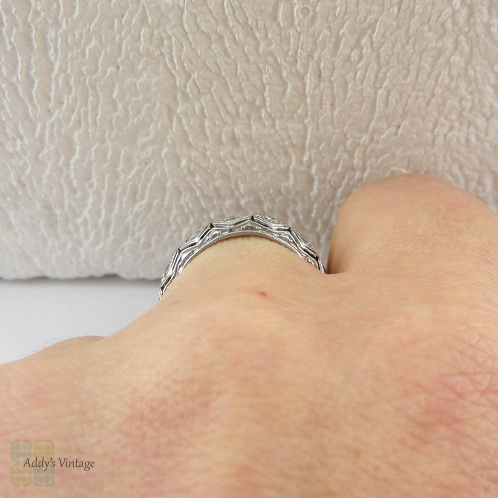 Art Deco Filigree Platinum Diamond Wedding Ring. Incredible Ornate Pierced Filigree Engraved Full Hoop Diamond Eternity Band.