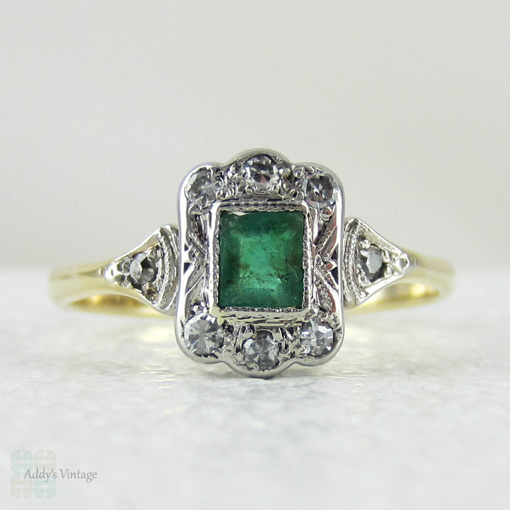 Art Deco Emerald & Diamond Engagement Ring, Fan Shape Design with Engraved Design and Milgrain Beading, Circa 1920s.