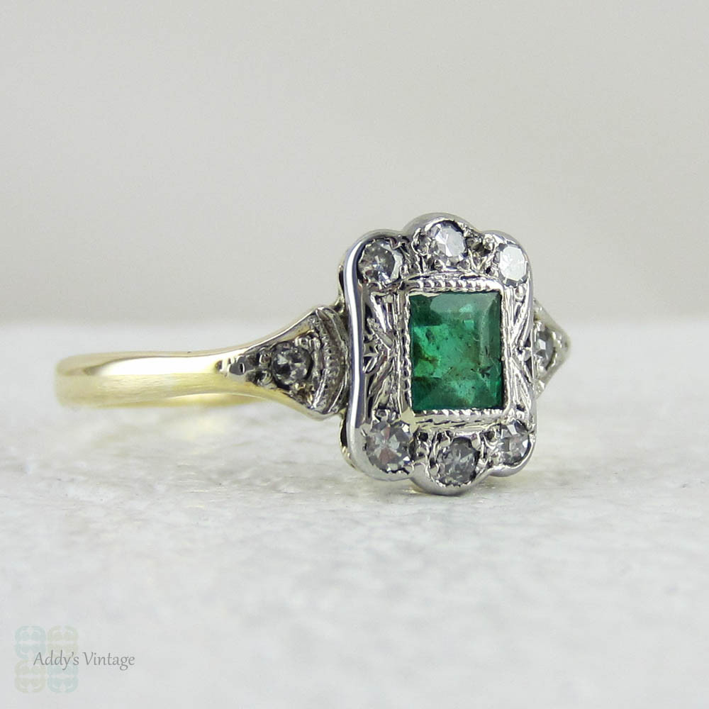 Art Deco Emerald & Diamond Engagement Ring, Fan Shape Design with Engraved Design and Milgrain Beading, Circa 1920s.