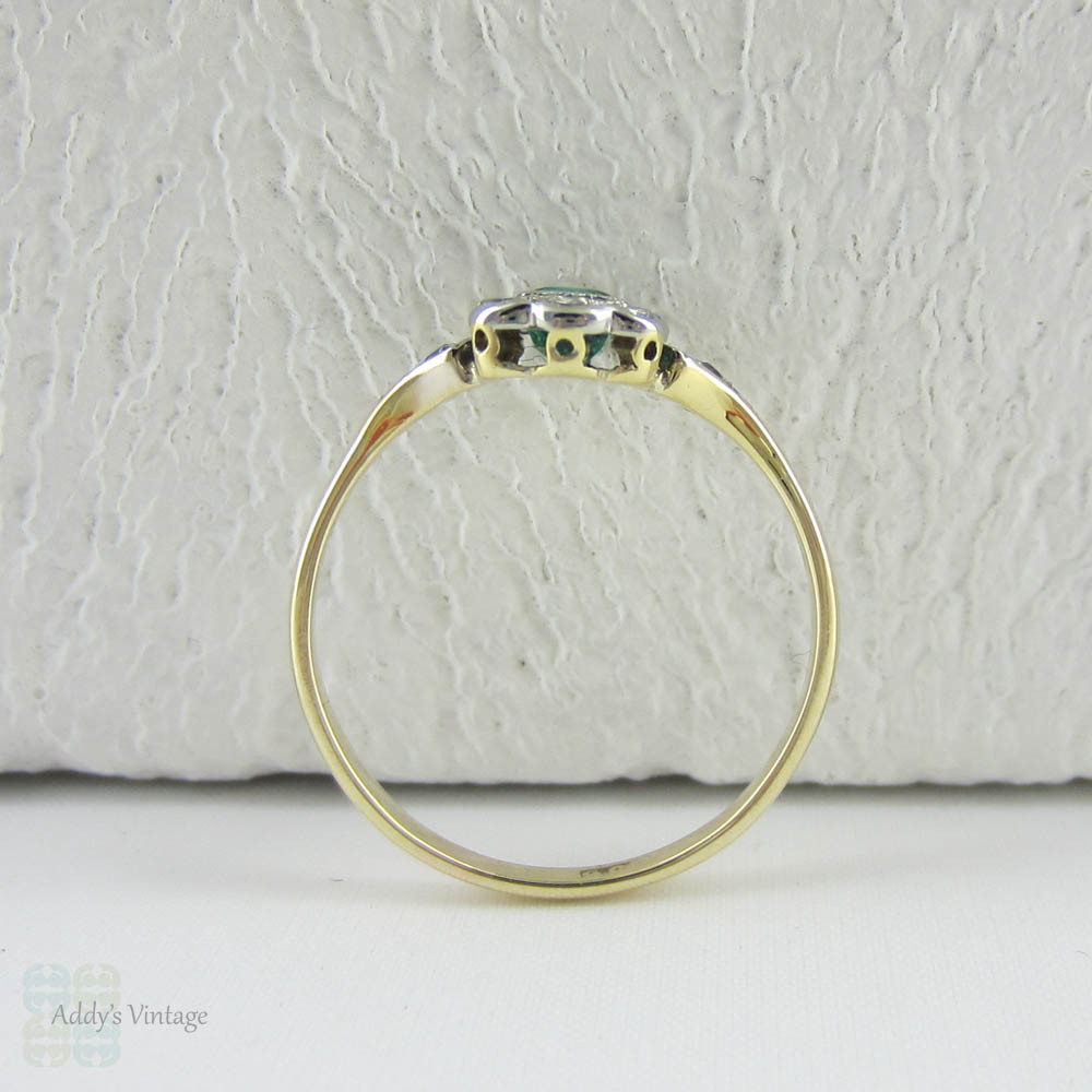 Art Deco Emerald & Diamond Engagement Ring, Fan Shape Design with Engraved Design and Milgrain Beading, Circa 1920s.