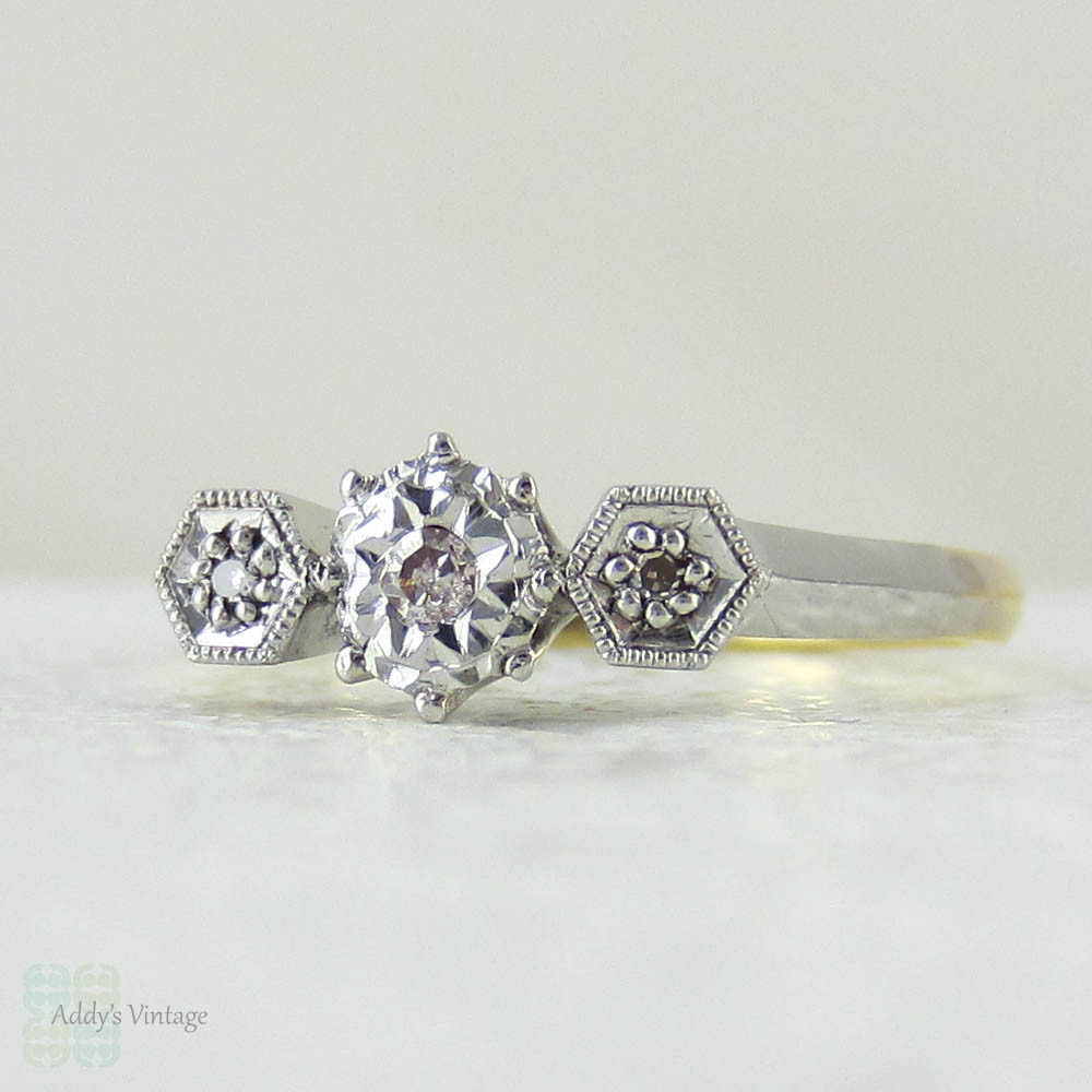 Geometric Design Diamond Trilogy Engagement Ring. Three Stone Diamond Ring with Knife Edge Band, Circa 1930s.