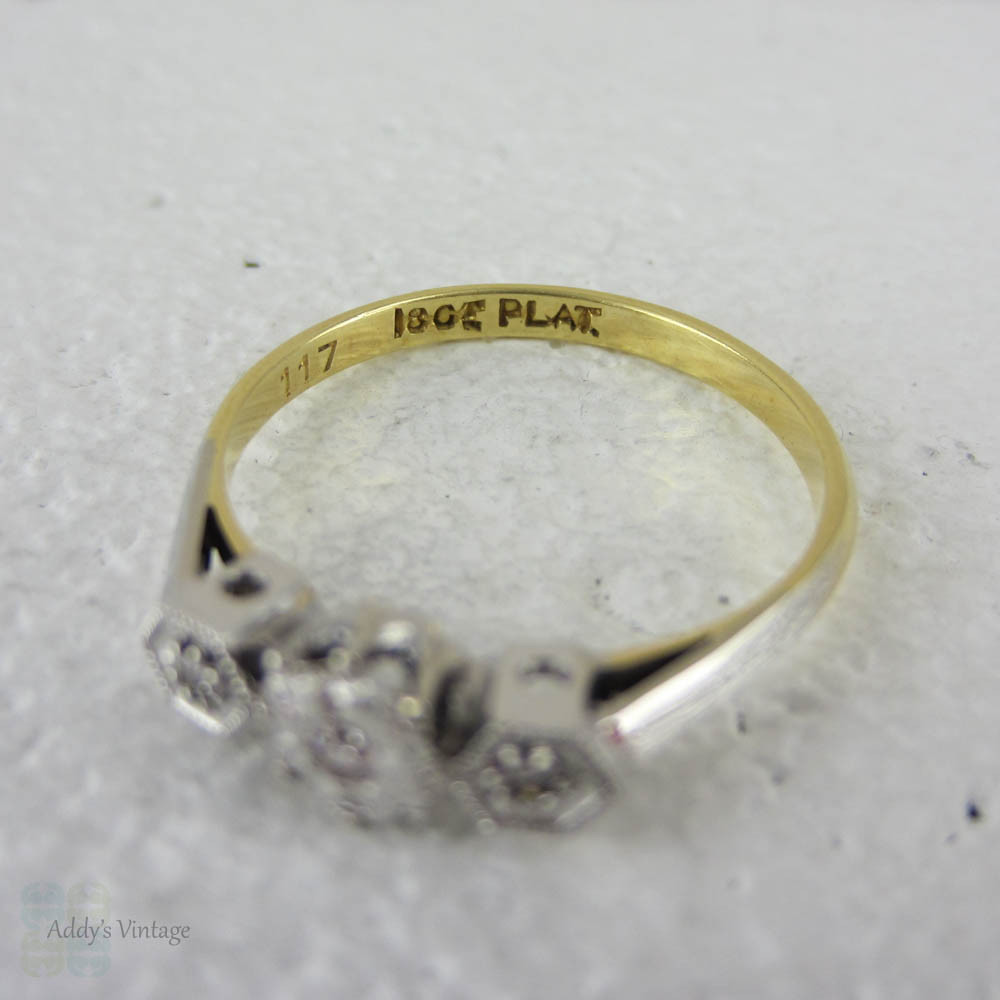 Geometric Design Diamond Trilogy Engagement Ring. Three Stone Diamond Ring with Knife Edge Band, Circa 1930s.