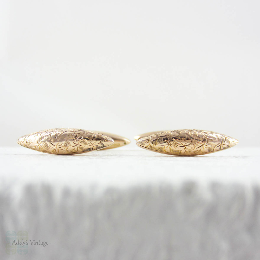 Edwardian Rose Gold Cuff Links, Men's Engraved Torpedo Shape 9 Carat Gold Cufflinks in Ivy Design, Chester 1906, Henry Cooper & Sons