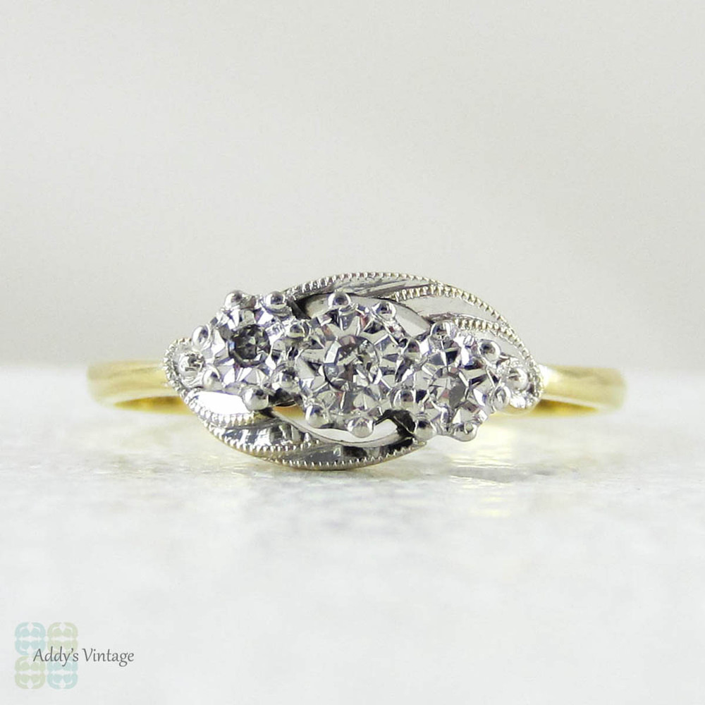 Art Deco Diamond Twist Ring, Three Stone Swirl Style Ring with Milgrain Beading, 18 Carat Gold & Platinum, Circa 1930s.