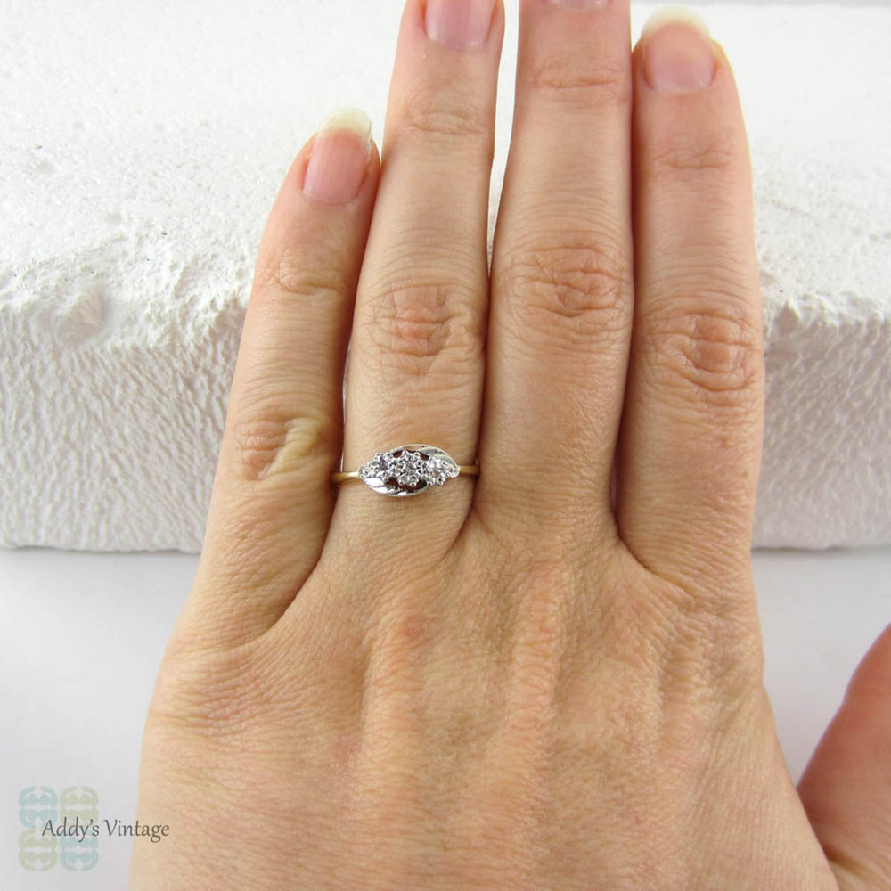 Art Deco Diamond Twist Ring, Three Stone Swirl Style Ring with Milgrain Beading, 18 Carat Gold & Platinum, Circa 1930s.