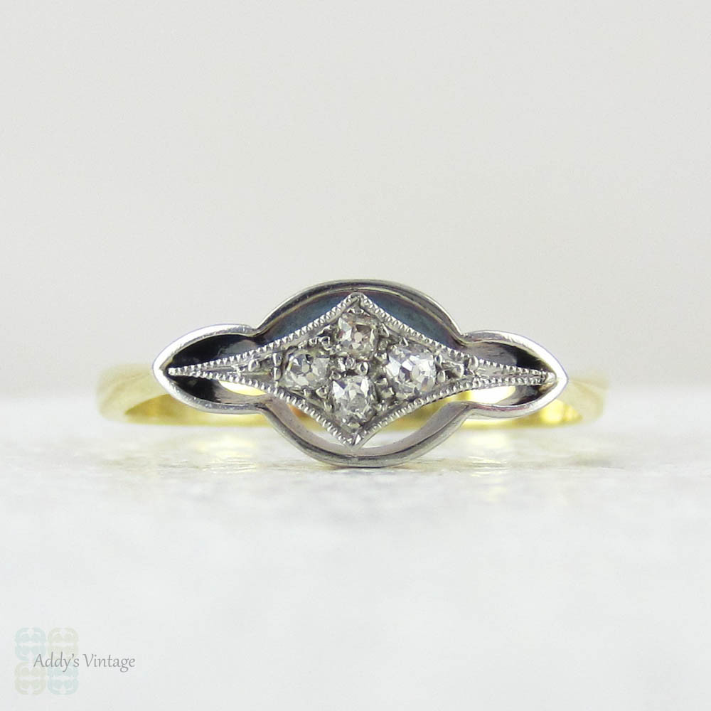 Art Nouveau Diamond Engagement Ring, Pretty 4 Stone Diamond Ring in Unique Pierced Geometric Design, 18 Carat Platinum.