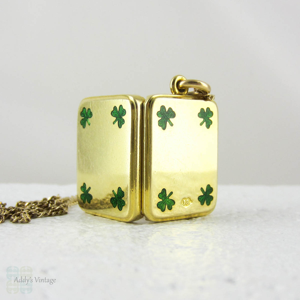Antique 18 Carat Gold Locket, Green Enamel Shamrock, Lucky Three 3 Leaf Clover Design with Double Sided Frame Rectangle Shape Locket.