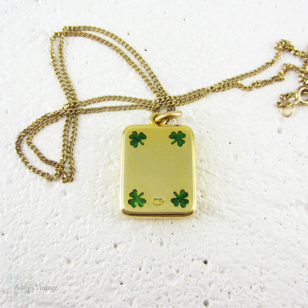 Antique 18 Carat Gold Locket, Green Enamel Shamrock, Lucky Three 3 Leaf Clover Design with Double Sided Frame Rectangle Shape Locket.