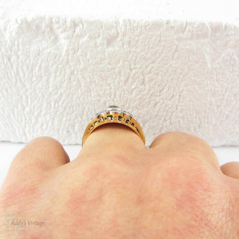 Old European Diamond Dinner Ring, Edwardian to Art Deco Bombé Style Diamond Encrusted Cocktail Ring in Yellow Gold & Platinum.