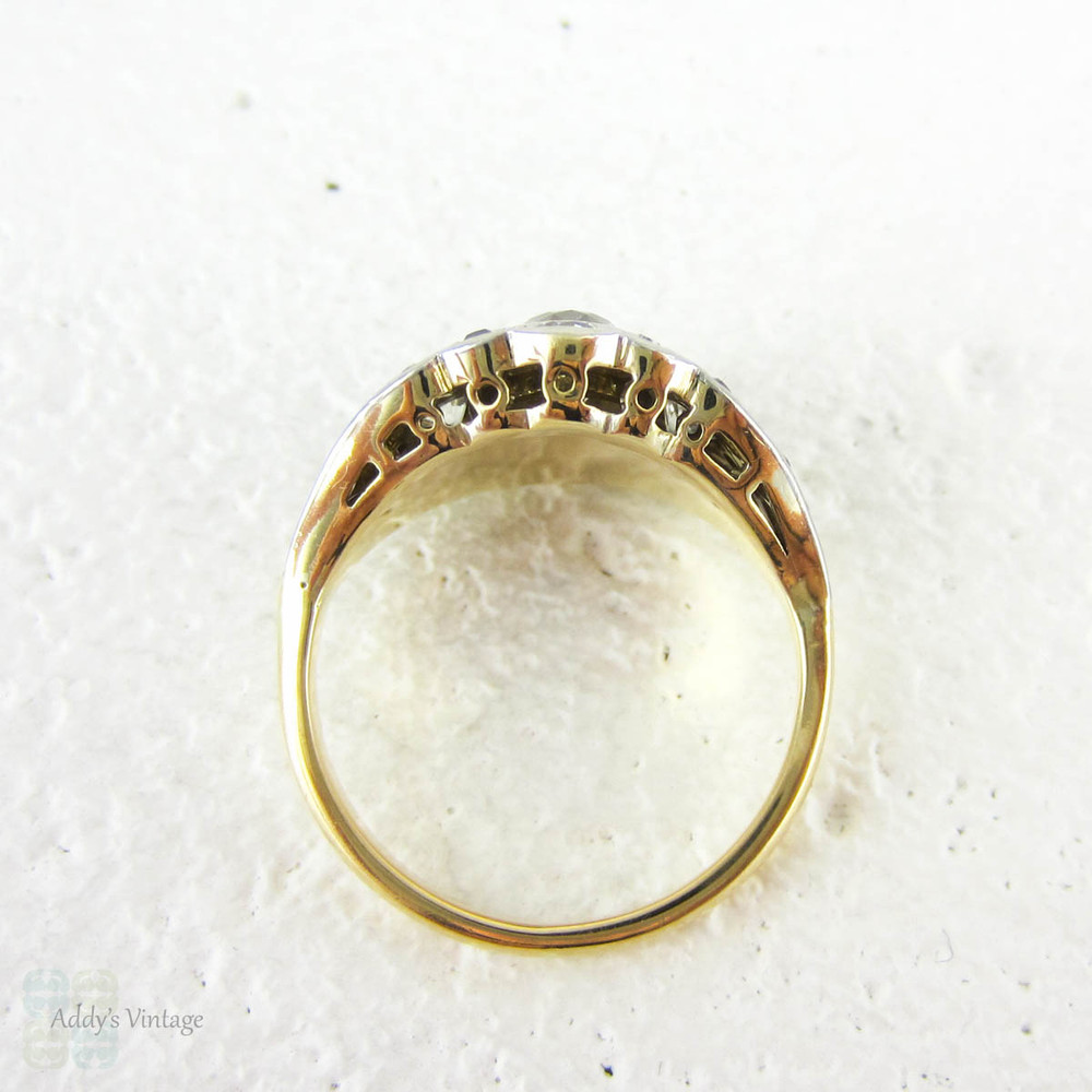 Old European Diamond Dinner Ring, Edwardian to Art Deco Bombé Style Diamond Encrusted Cocktail Ring in Yellow Gold & Platinum.