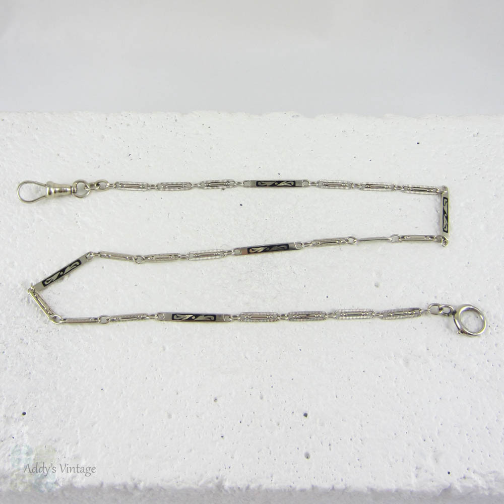 Art Deco White Gold Watch Chain, Fancy Long Bar Links, Black Enamel Design with Dog Clip & Spring Bolt Clasp. 34.5 cm / 13.6 inches.