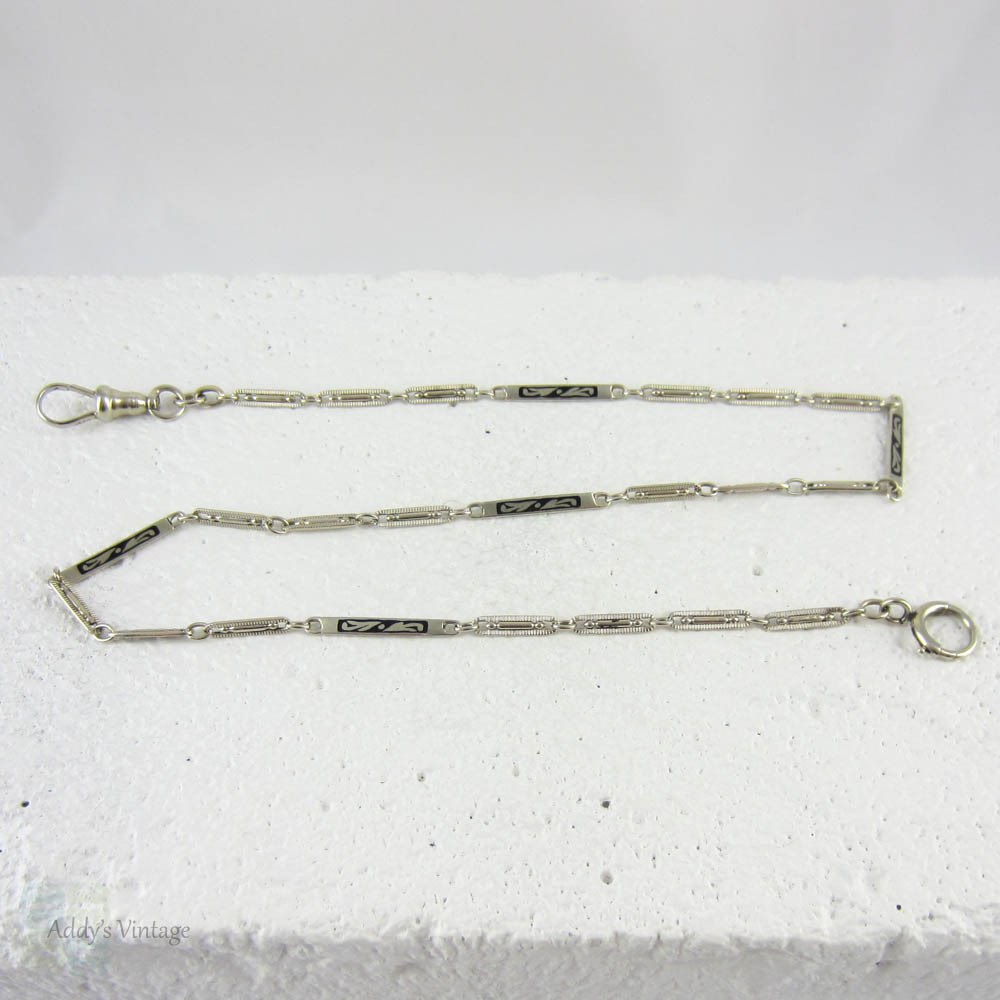Art Deco White Gold Watch Chain, Fancy Long Bar Links, Black Enamel Design with Dog Clip & Spring Bolt Clasp. 34.5 cm / 13.6 inches.