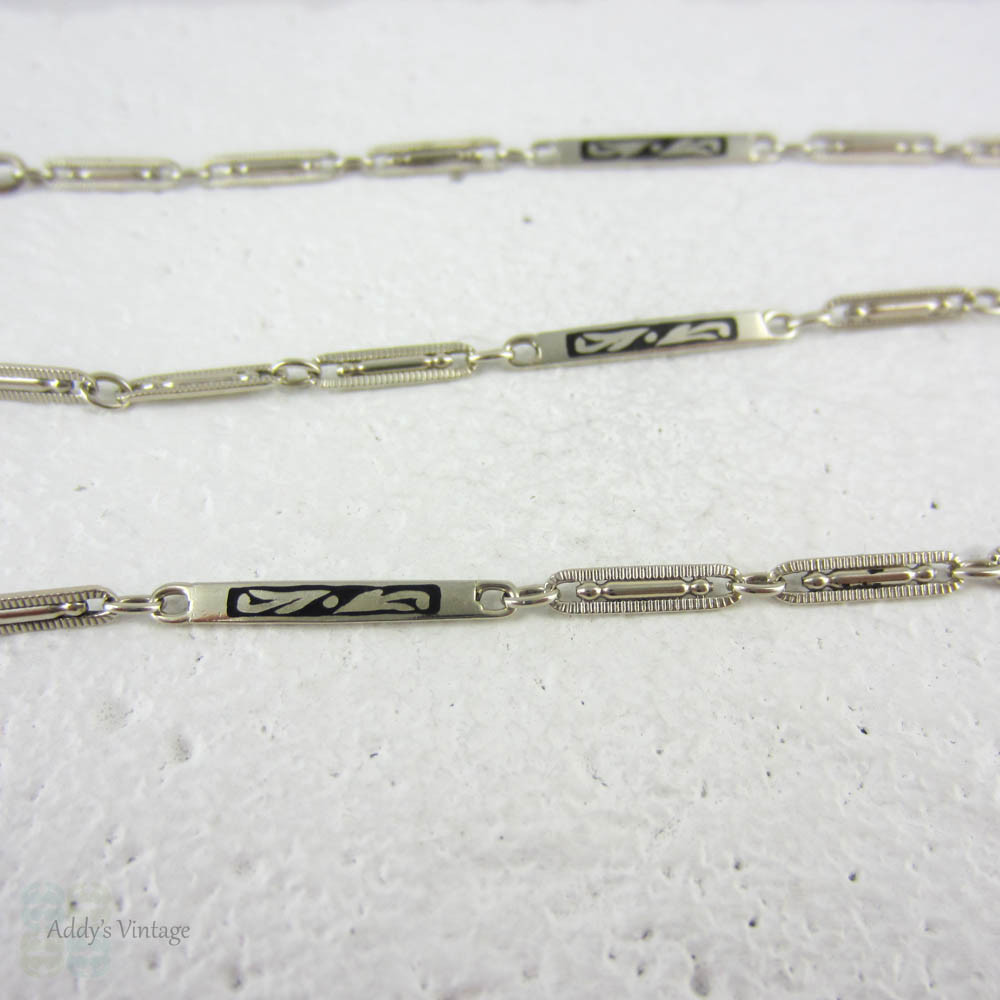 Art Deco White Gold Watch Chain, Fancy Long Bar Links, Black Enamel Design with Dog Clip & Spring Bolt Clasp. 34.5 cm / 13.6 inches.
