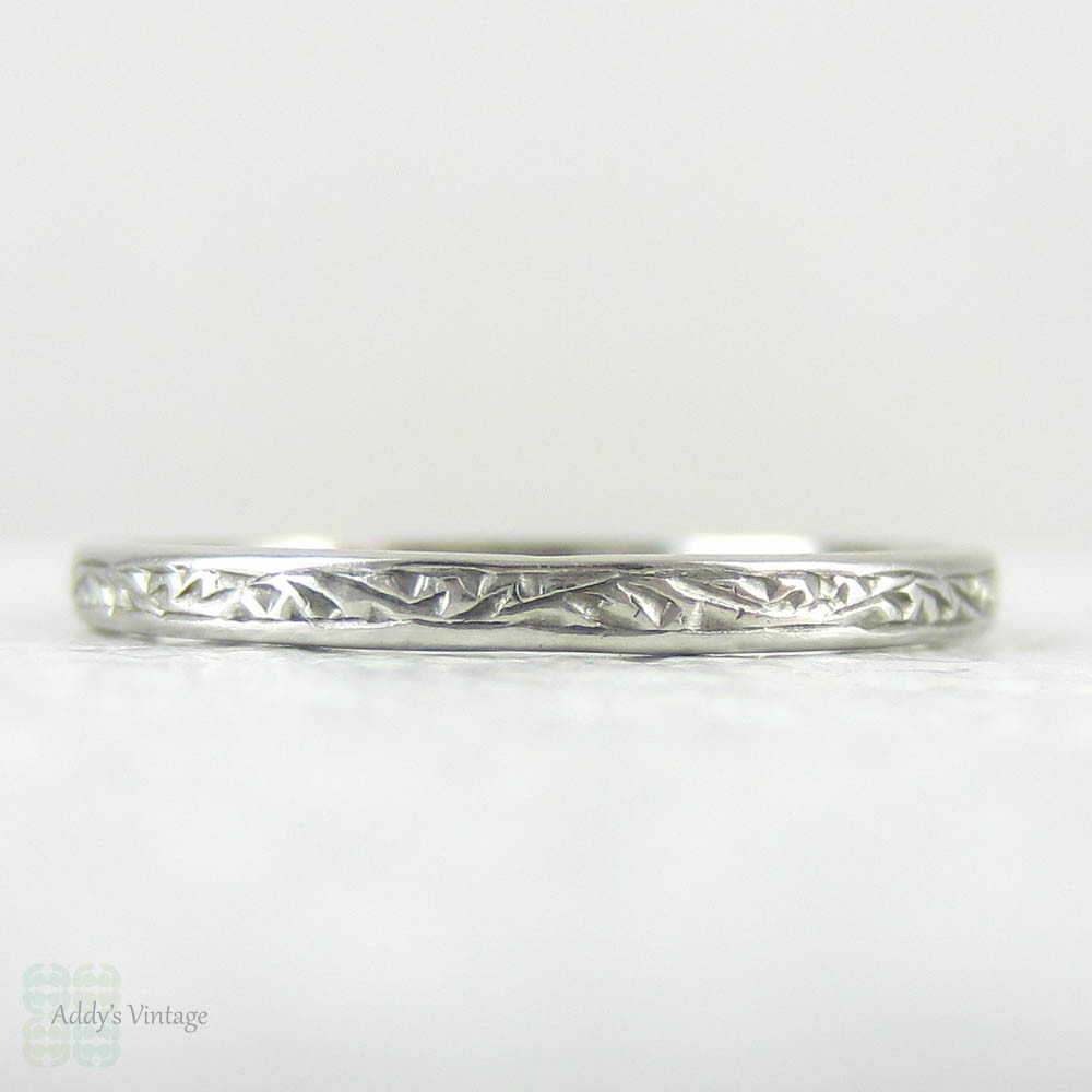 Art Deco Hand Engraved Platinum Wedding Ring, Very Narrow Platinum Band with Scroll Design, Circa 1920s.