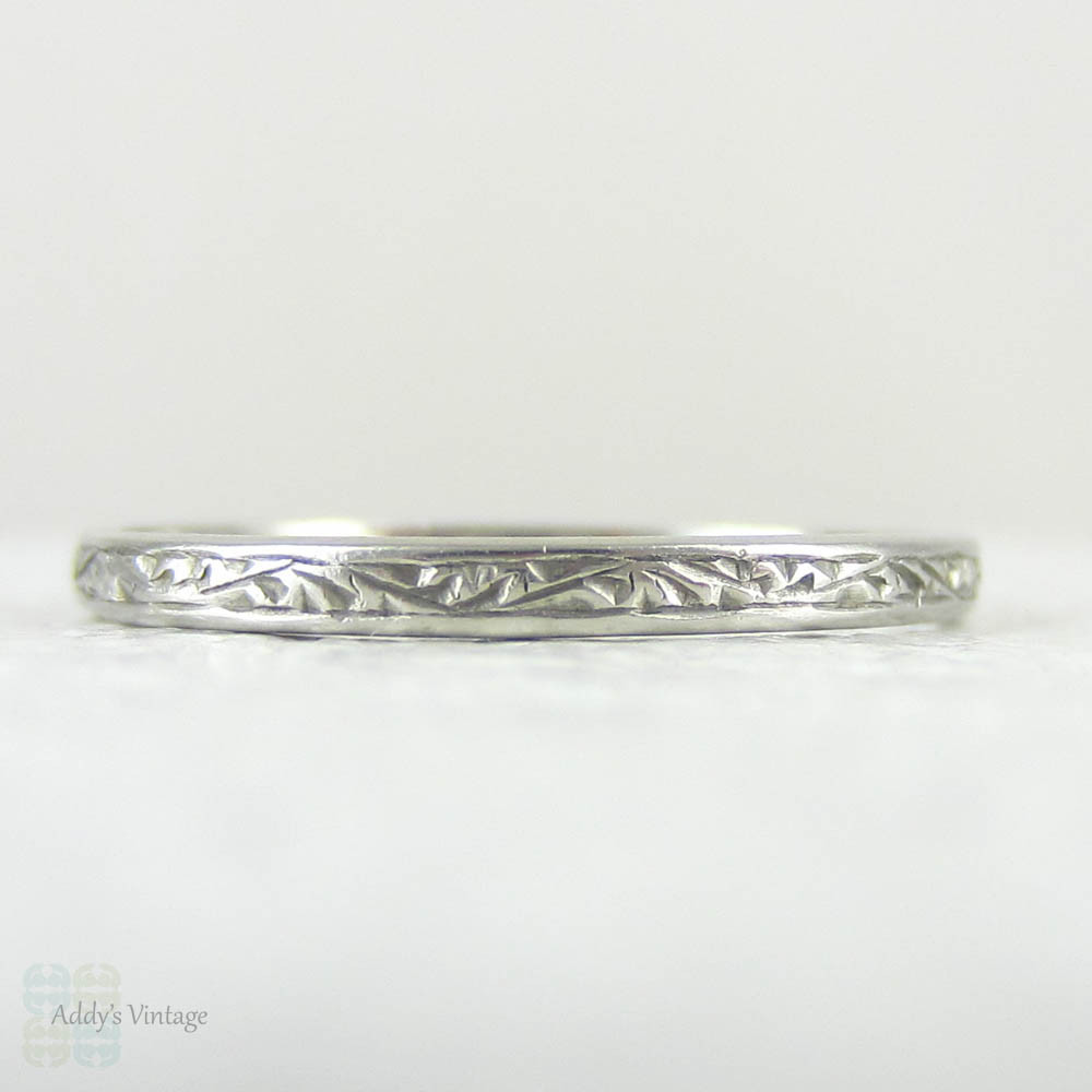 Art Deco Hand Engraved Platinum Wedding Ring, Very Narrow Platinum Band with Scroll Design, Circa 1920s.