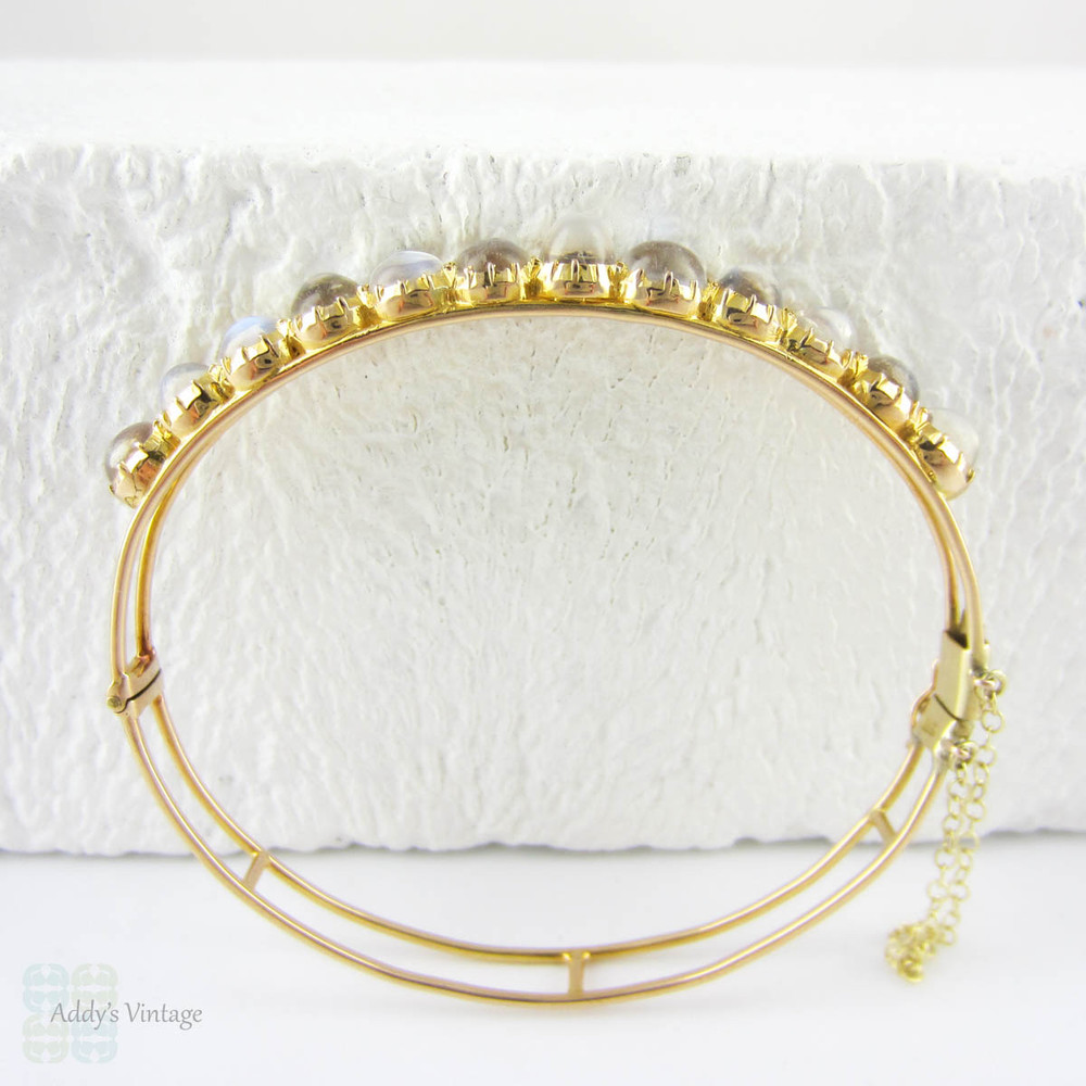 SALE Victorian Moonstone Bangle Bracelet in 15 Carat Gold. Cabochon Cut Silvery Blue Moonstones on Openwork Style Bangle.
