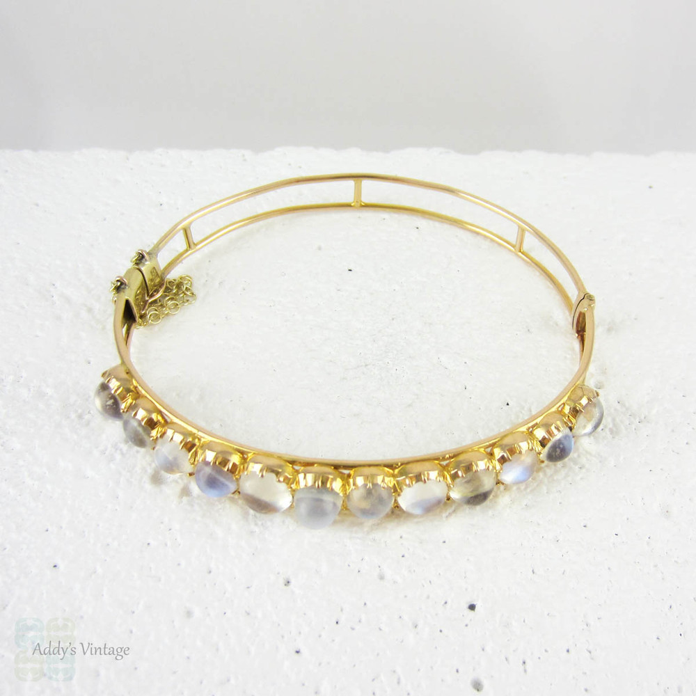 SALE Victorian Moonstone Bangle Bracelet in 15 Carat Gold. Cabochon Cut Silvery Blue Moonstones on Openwork Style Bangle.