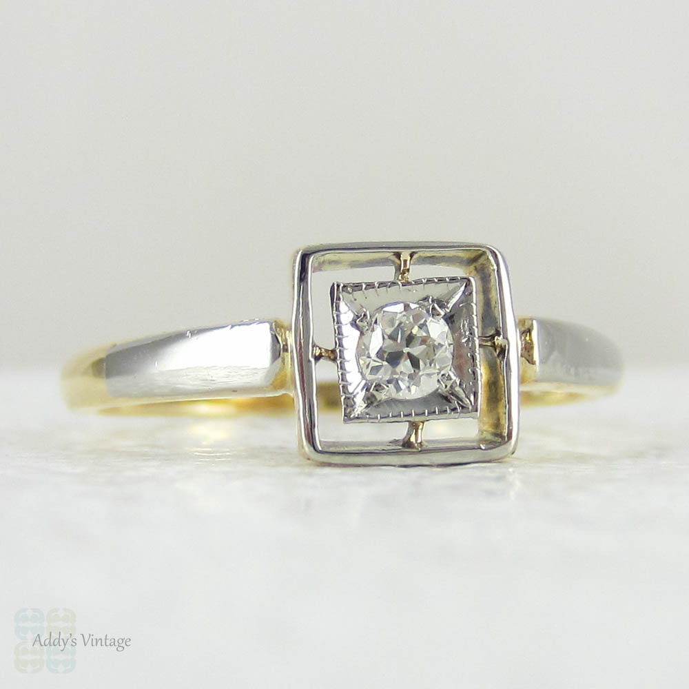 Vintage Diamond Engagement Ring, Art Deco Single Stone Diamond Ring in Geometric Double Square Style Setting, Circa 1920s.