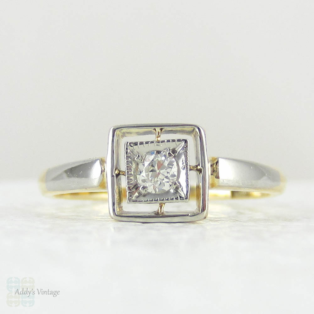 Vintage Diamond Engagement Ring, Art Deco Single Stone Diamond Ring in Geometric Double Square Style Setting, Circa 1920s.