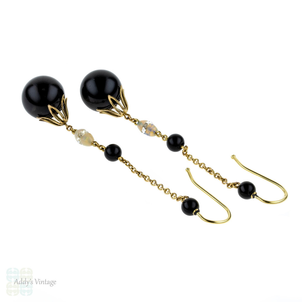 Art Deco Onyx & Opal Drop Earrings. Long Onyx, Opal & Rock Crystal 18 Carat Yellow Gold Dangle Earrings, Circa 1920s.