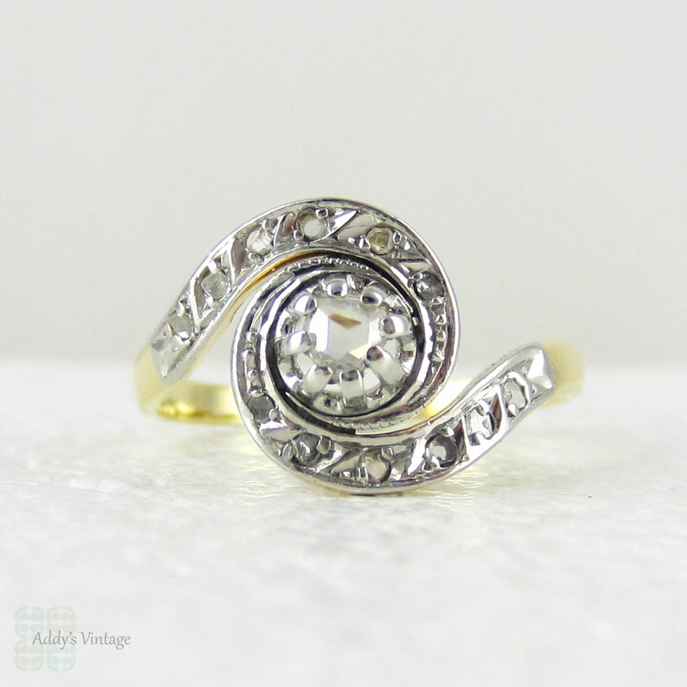 French Art Deco Engagement Ring, Rose Cut Diamond Swirl Style Engagement Ring, 1920s, 18 Carat Gold.