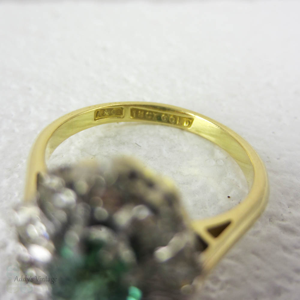 Vintage Green Tourmaline Ring with Diamond Halo, 18 Carat Gold Engagement Ring or Dress Ring, Circa 1940s.