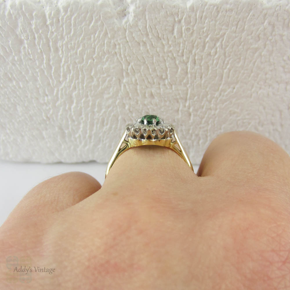Vintage Green Tourmaline Ring with Diamond Halo, 18 Carat Gold Engagement Ring or Dress Ring, Circa 1940s.