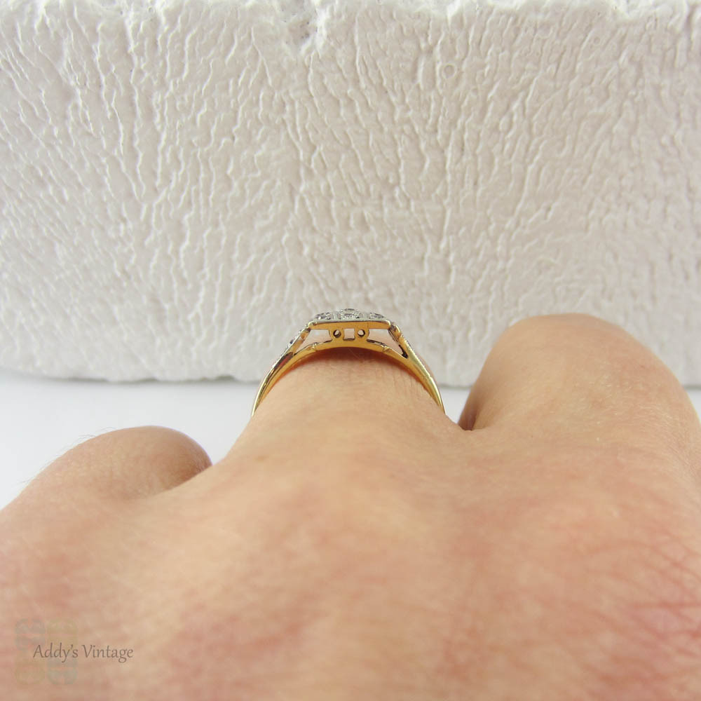 Art Deco Engagement Diamond Ring, Bold Square Shaped Vintage Cluster Ring with Milgrain Beading, Circa 1930s.