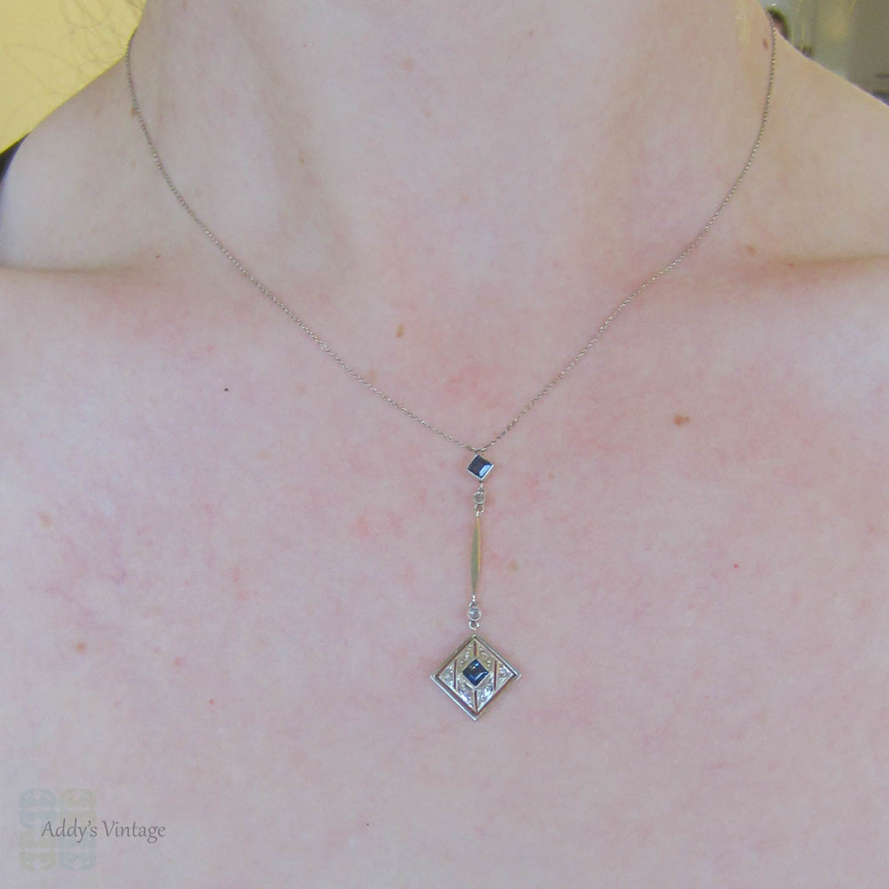 Art Deco Sapphire & Diamond Necklace. Drop Style Square Shape 1920s Necklace in 18 Carat Gold.