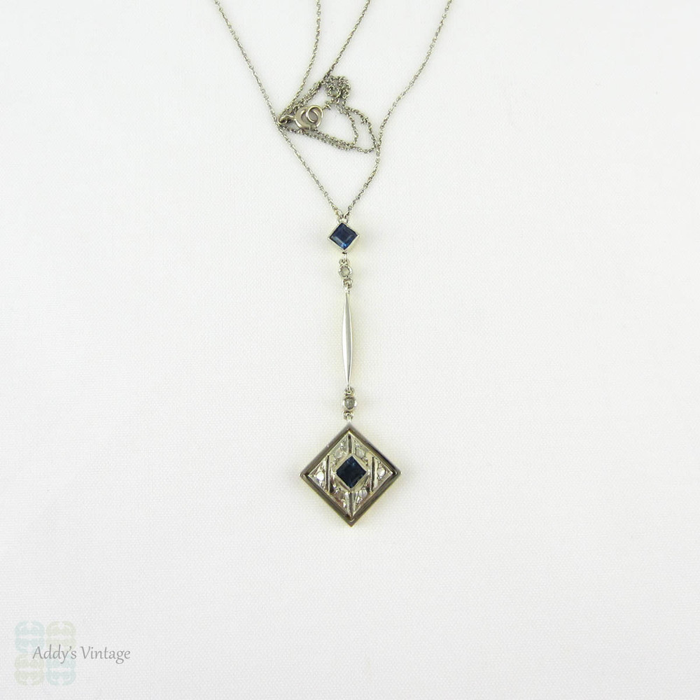Art Deco Sapphire & Diamond Necklace. Drop Style Square Shape 1920s Necklace in 18 Carat Gold.