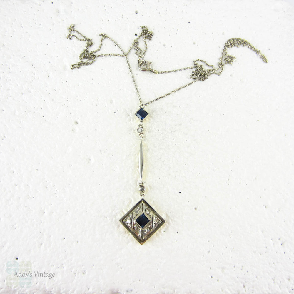 Art Deco Sapphire & Diamond Necklace. Drop Style Square Shape 1920s Necklace in 18 Carat Gold.