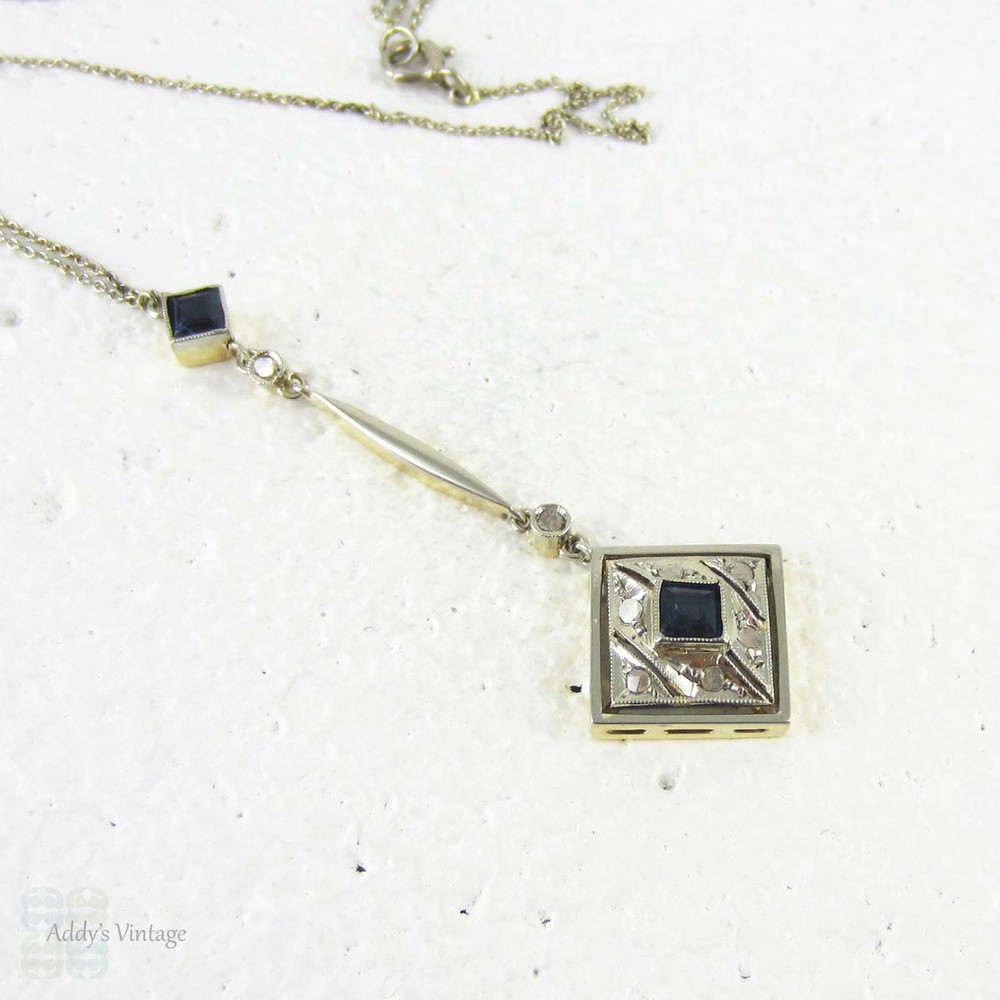 Art Deco Sapphire & Diamond Necklace. Drop Style Square Shape 1920s Necklace in 18 Carat Gold.
