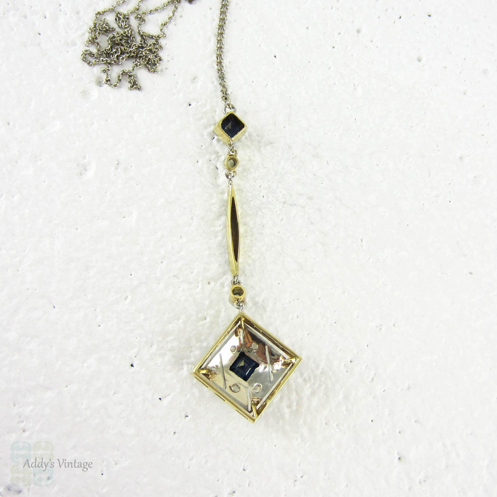 Art Deco Sapphire & Diamond Necklace. Drop Style Square Shape 1920s Necklace in 18 Carat Gold.