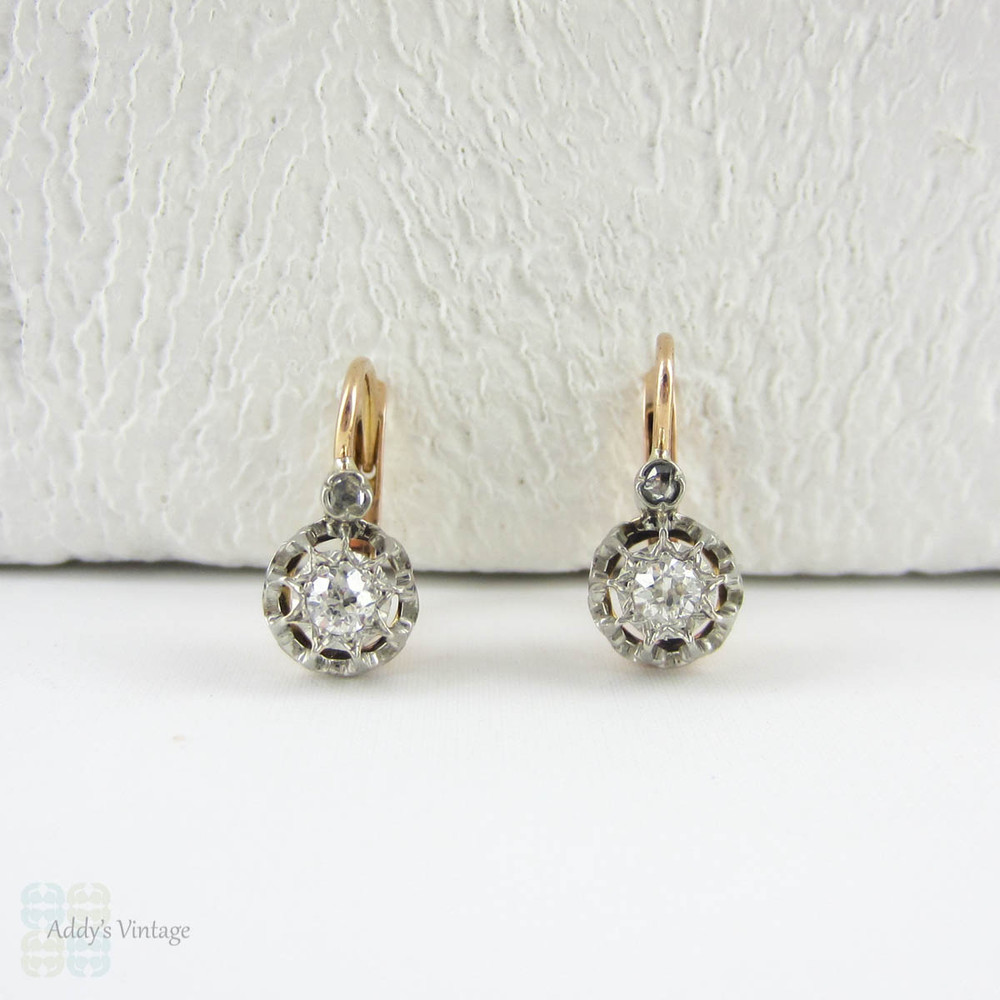 Victorian Diamond Earrings, Old European Cut Drop Earrings in 18 Carat Rose Gold & Platinum. French Dormeuse Circa 1890s.