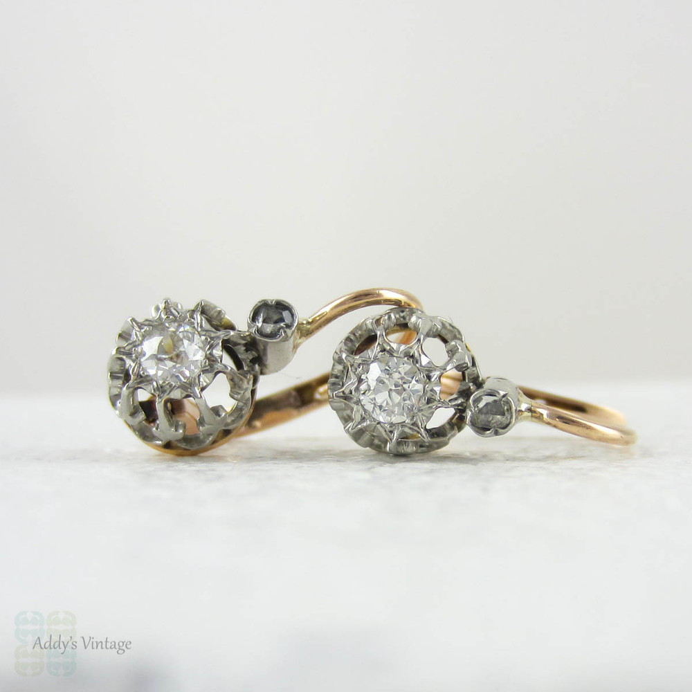 Victorian Diamond Earrings, Old European Cut Drop Earrings in 18 Carat Rose Gold & Platinum. French Dormeuse Circa 1890s.