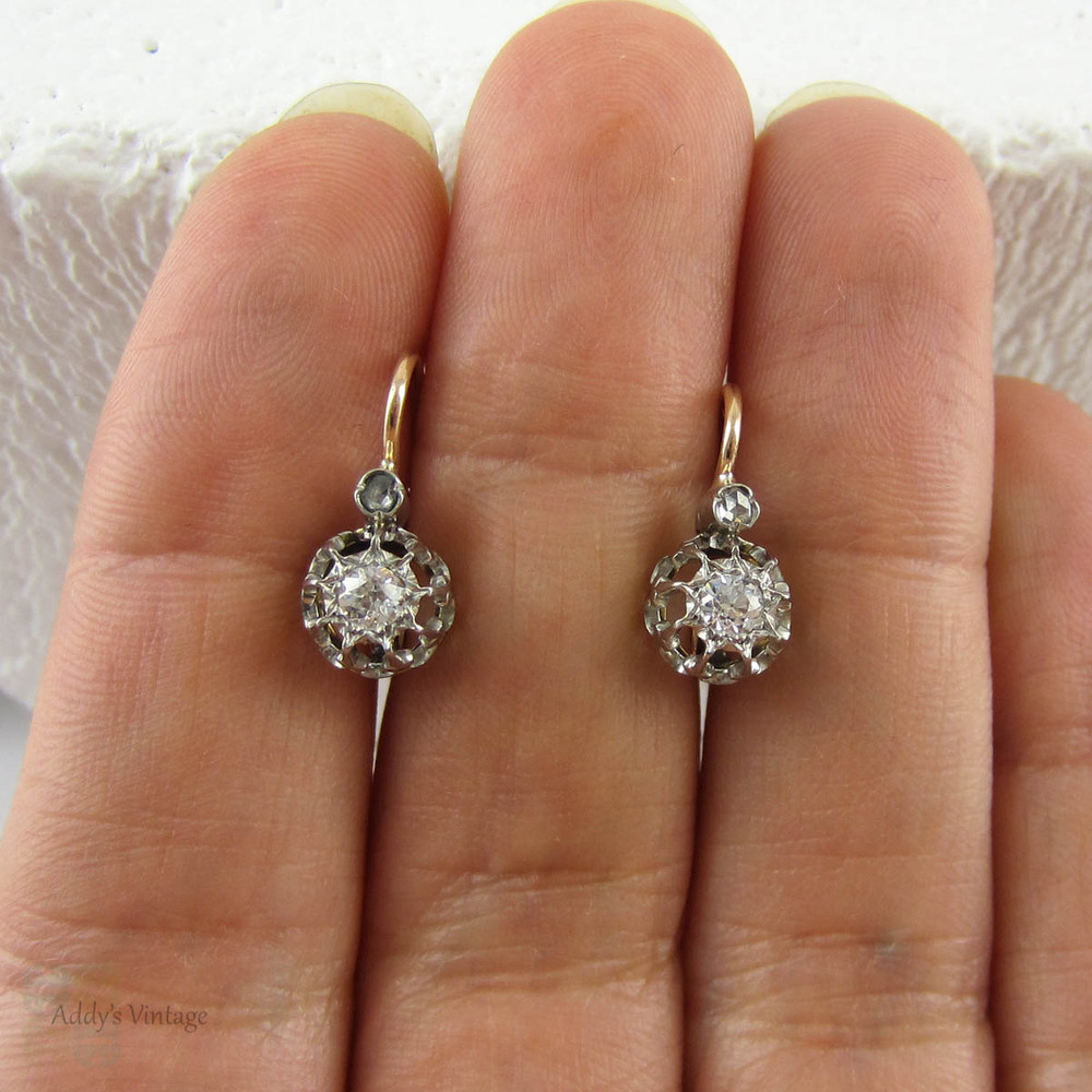 Victorian Diamond Earrings, Old European Cut Drop Earrings in 18 Carat Rose Gold & Platinum. French Dormeuse Circa 1890s.