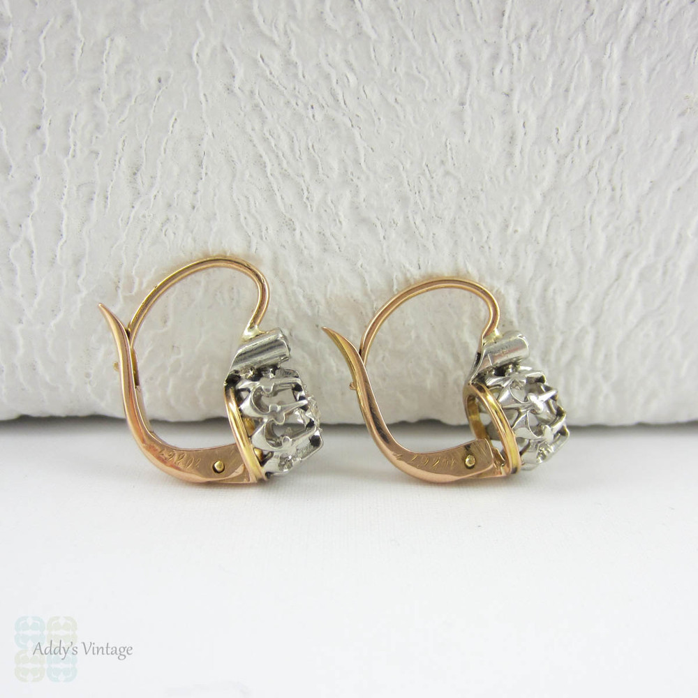Victorian Diamond Earrings, Old European Cut Drop Earrings in 18 Carat Rose Gold & Platinum. French Dormeuse Circa 1890s.