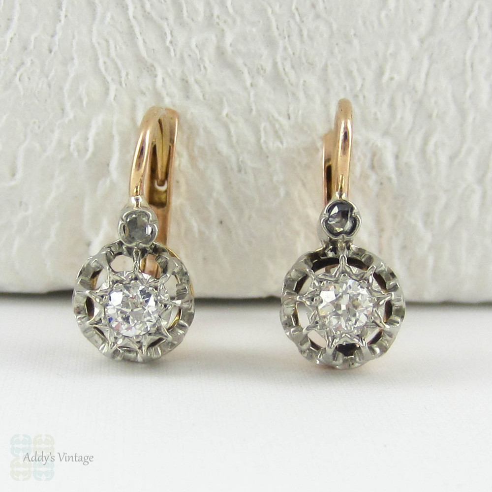Victorian Diamond Earrings, Old European Cut Drop Earrings in 18 Carat Rose Gold & Platinum. French Dormeuse Circa 1890s.