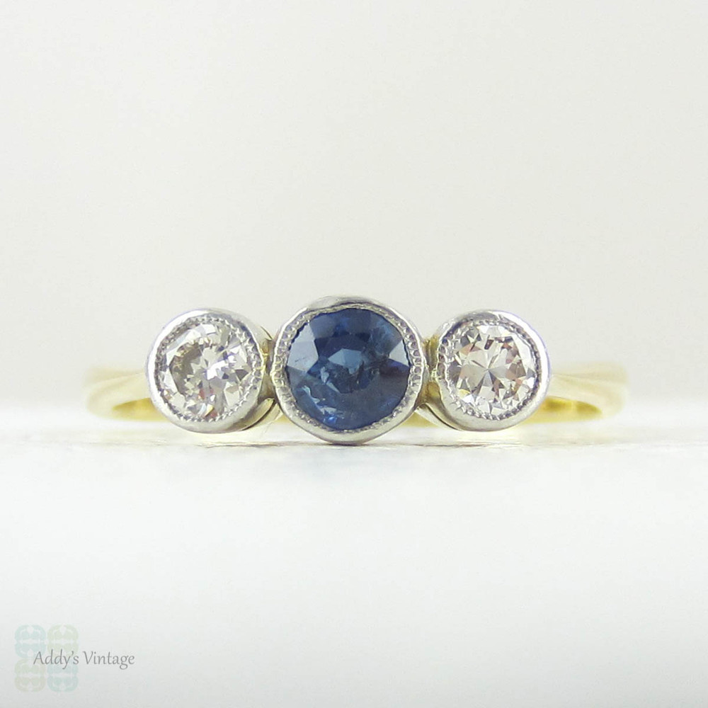 Sapphire & Diamond Engagement Ring, Vintage Three Stone Blue Sapphire and Diamond Trilogy Ring, Circa 1930s in 18 Carat and Platinum.